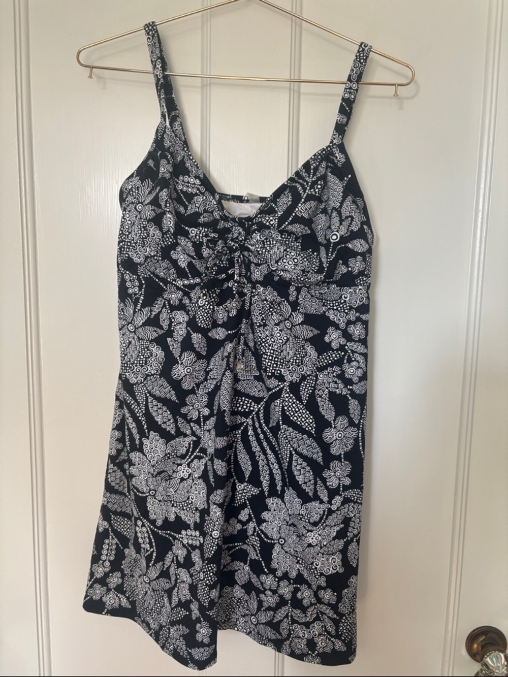 Lands' End Black and White Floral Tankini Dress with Tie Front